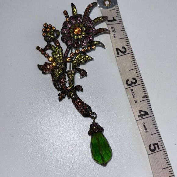 Heidi Daus large brooch pin purple/green flower hanging/dangle bead Swarovski - Picture 4 of 8